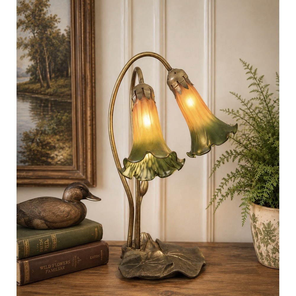 Vintage Art Nouveau 2 Light Lilypad Lamp Amber Green Glass Shades Tulip 16"
